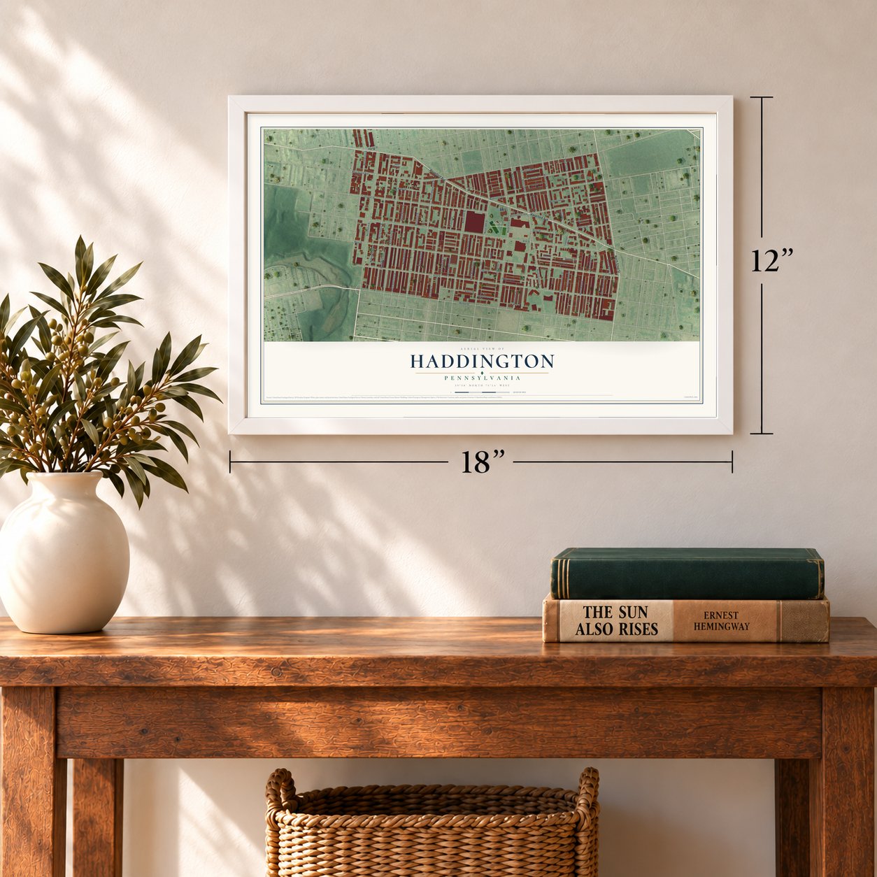 Haddington, Pennsylvania map, 12 x 18 inch print in a white frame in an entryway