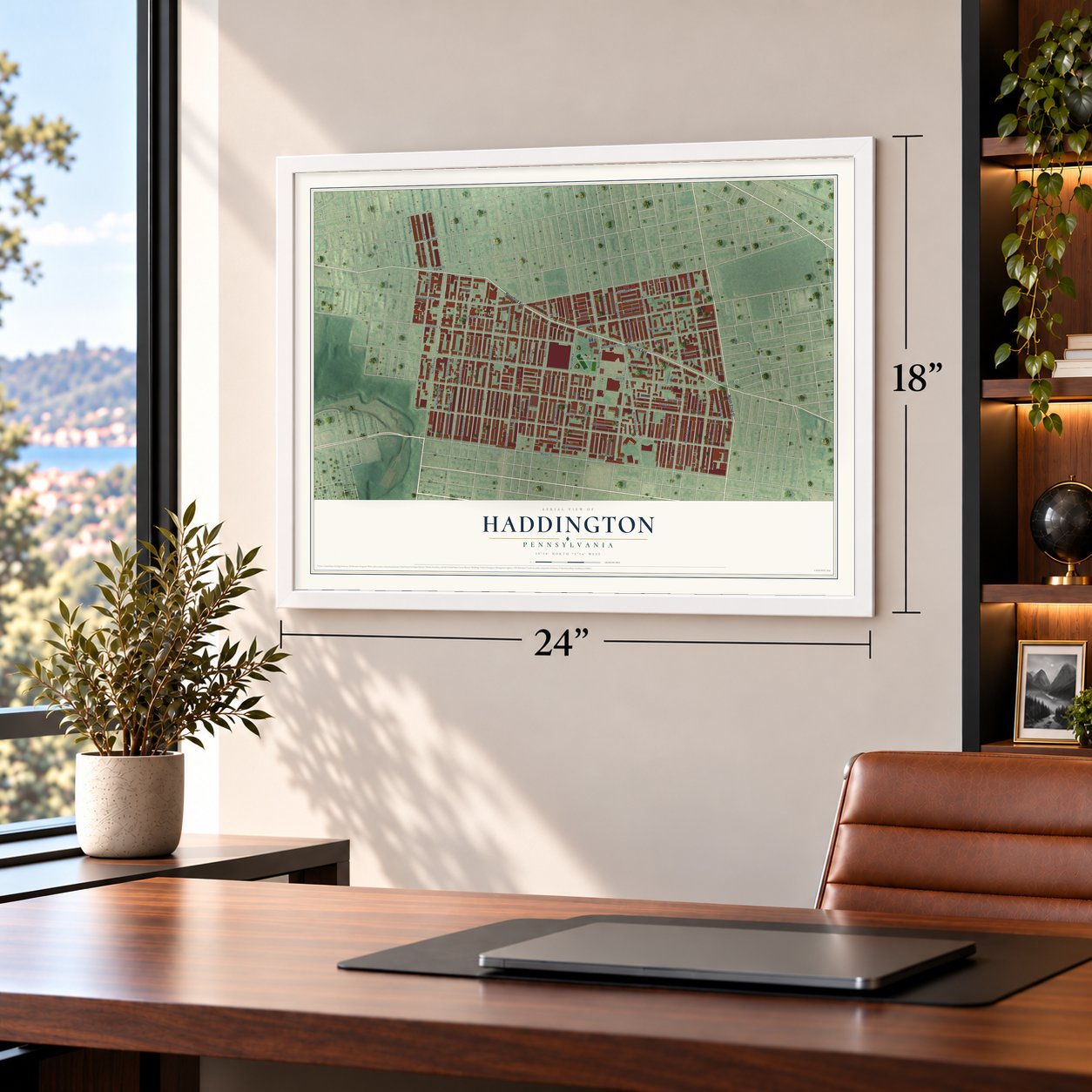 Haddington, Pennsylvania map, 18 x 24 inch print in a white frame in a home office