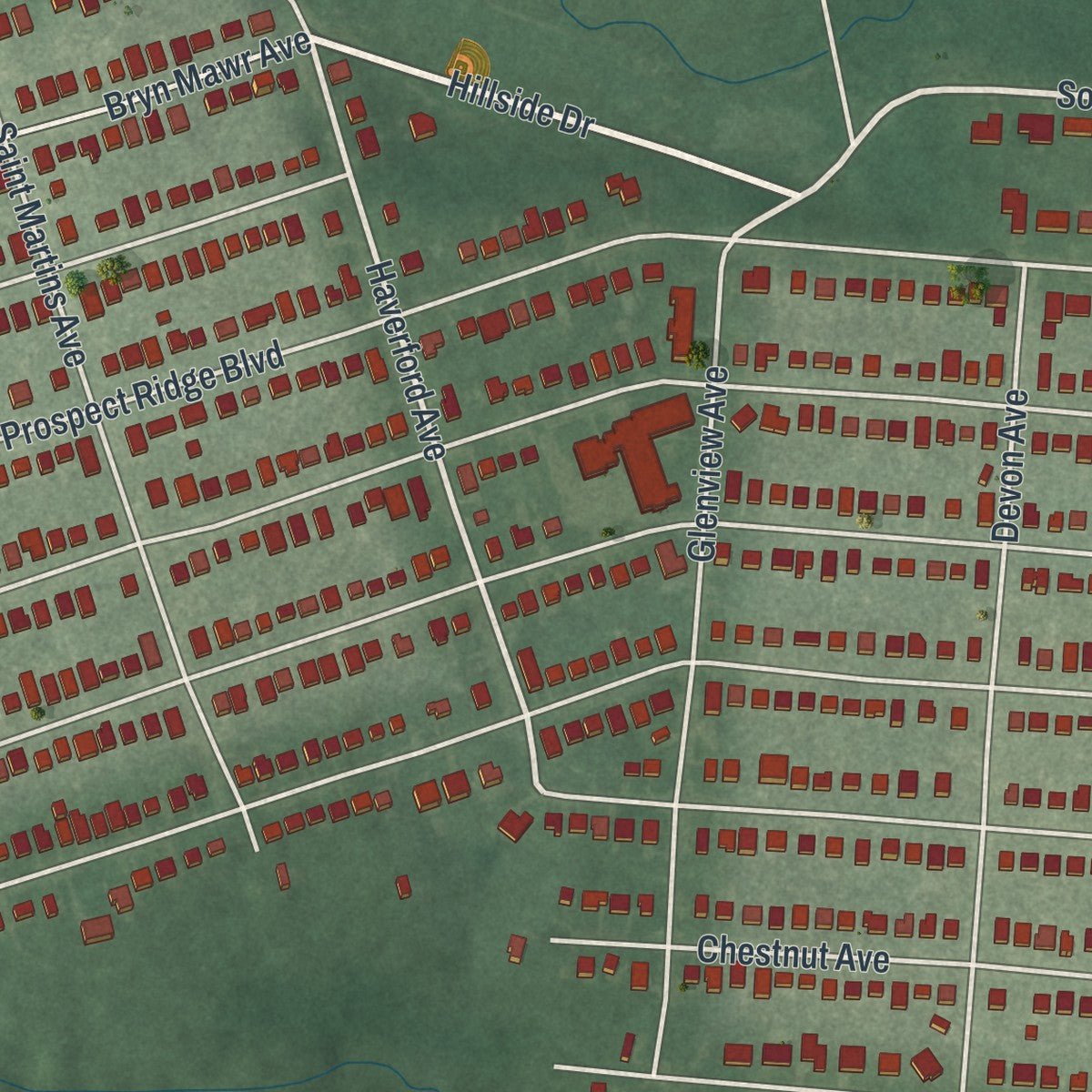 Second close-up of the map of Haddon Heights, New Jersey print showing more streets and buildings