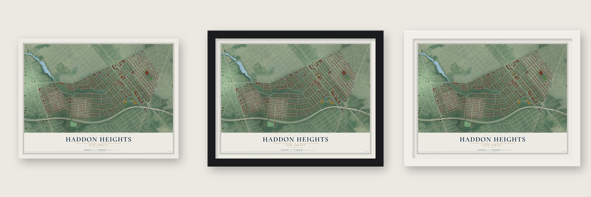 Haddon Heights, New Jersey map unframed, in a black wood frame and in a white wood frame