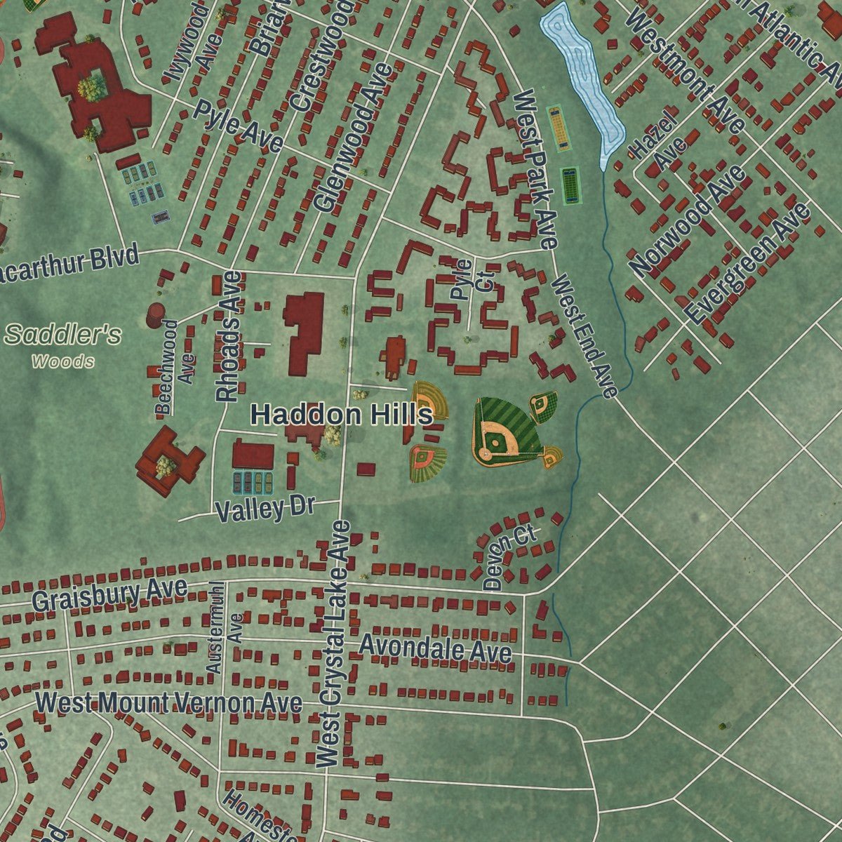 Second close-up of the map of Haddon, New Jersey print showing more streets and buildings