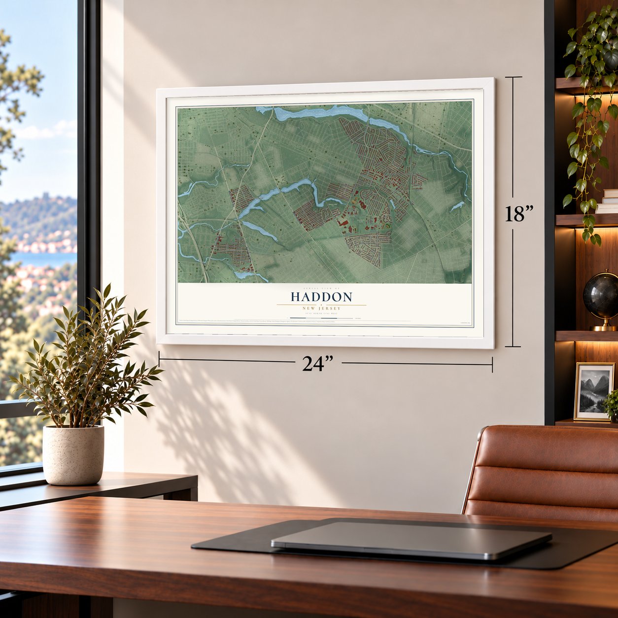 Haddon, New Jersey map, 18 x 24 inch print in a white frame in a home office