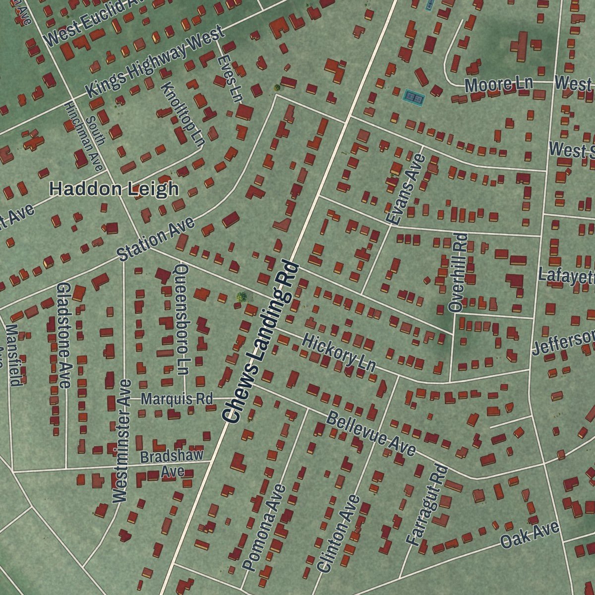 Second close-up of the map of Haddonfield, New Jersey print showing more streets and buildings