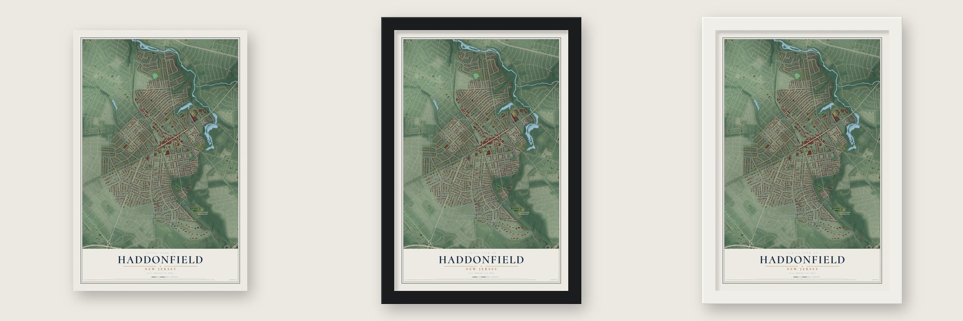 Haddonfield, New Jersey map unframed, in a black wood frame and in a white wood frame