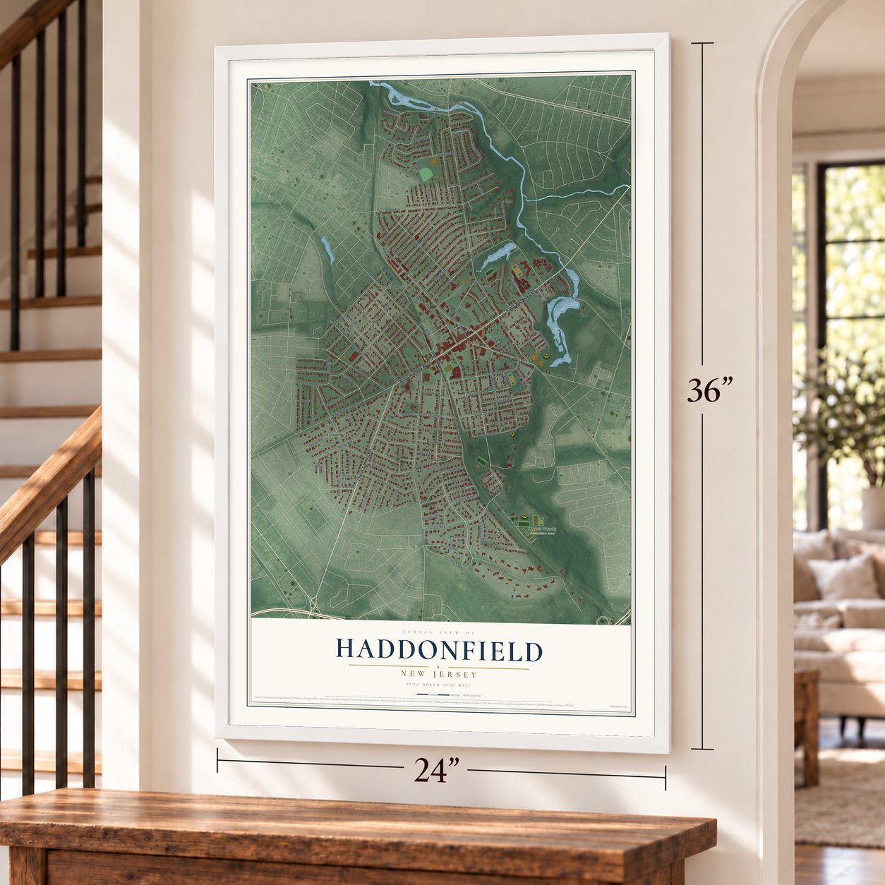Haddonfield, New Jersey map, 24 x 36 inch print in a white frame by a staircase