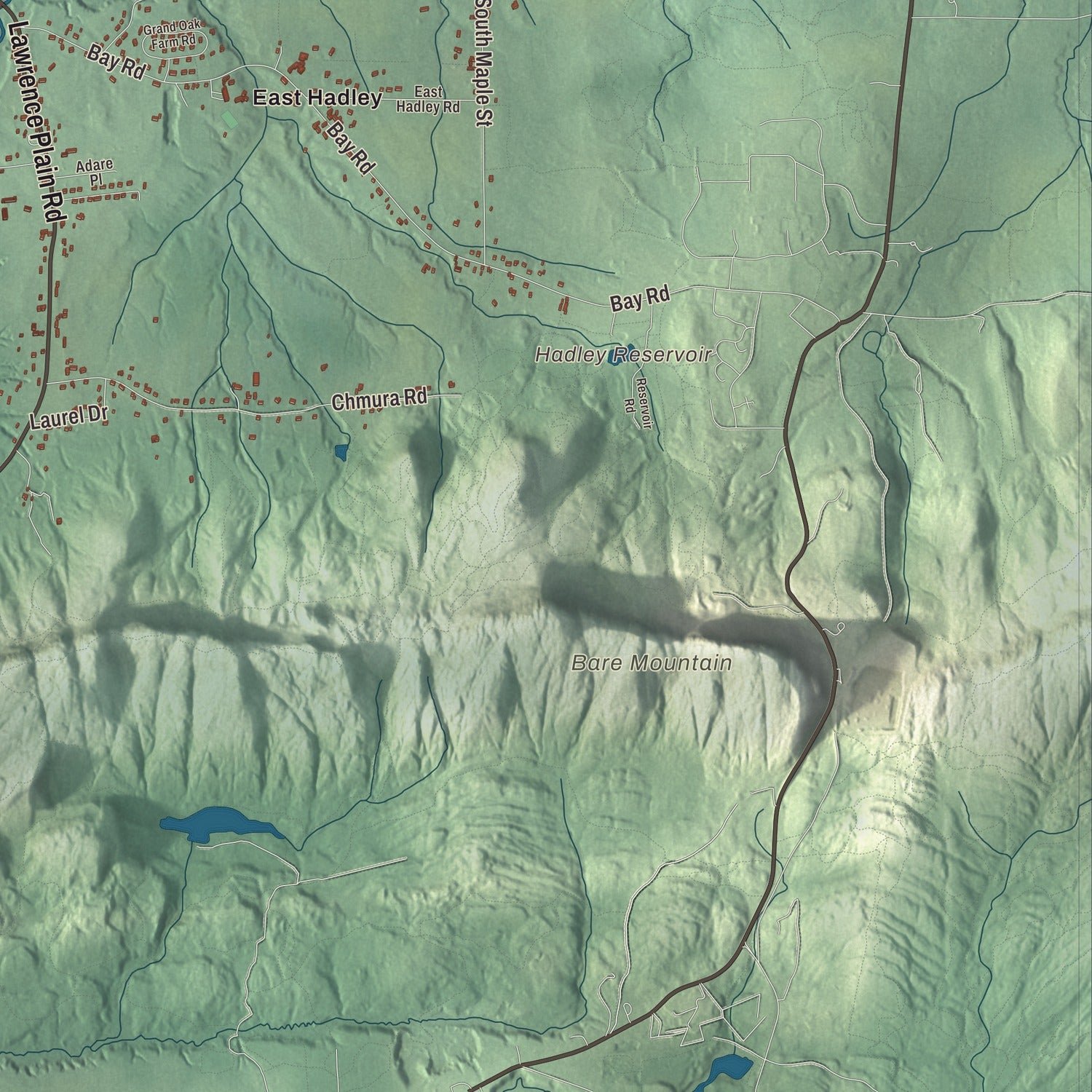 Close-up of the map of Hadley, Massachusetts print showing terrain and local geography