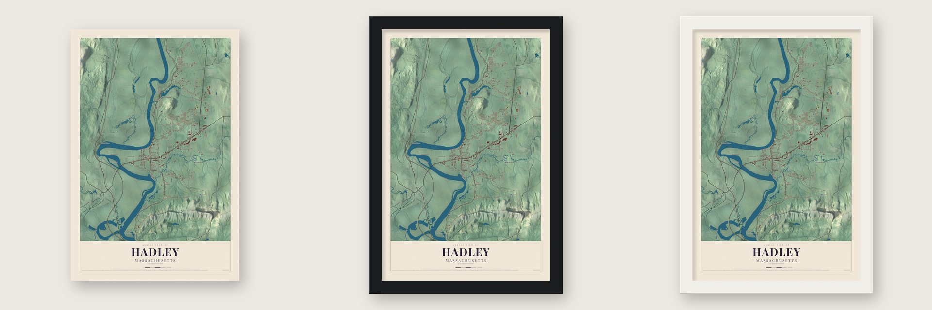 Hadley, Massachusetts map unframed, in a black wood frame and in a white wood frame