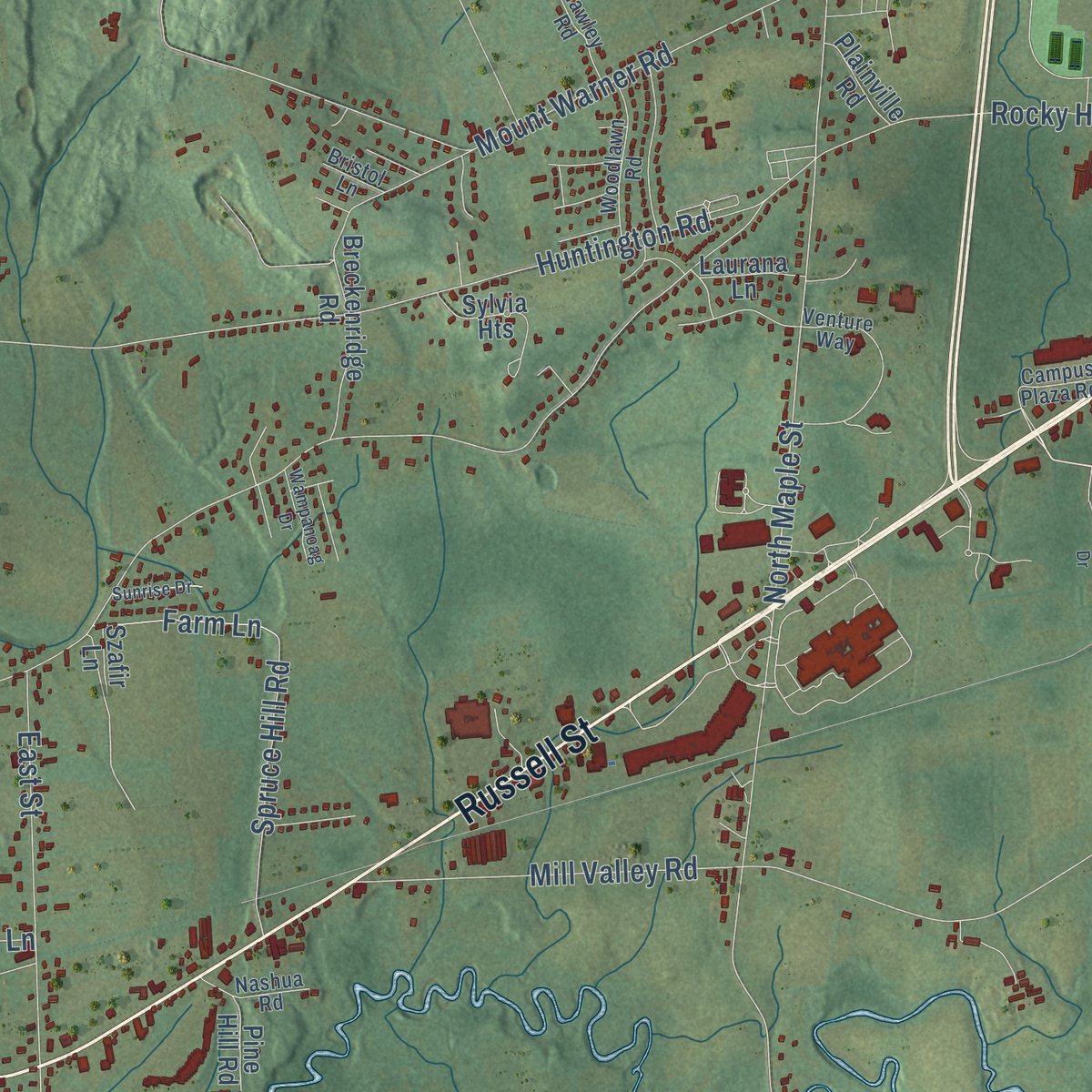 Second close-up of the map of Hadley, Massachusetts print showing more streets and buildings