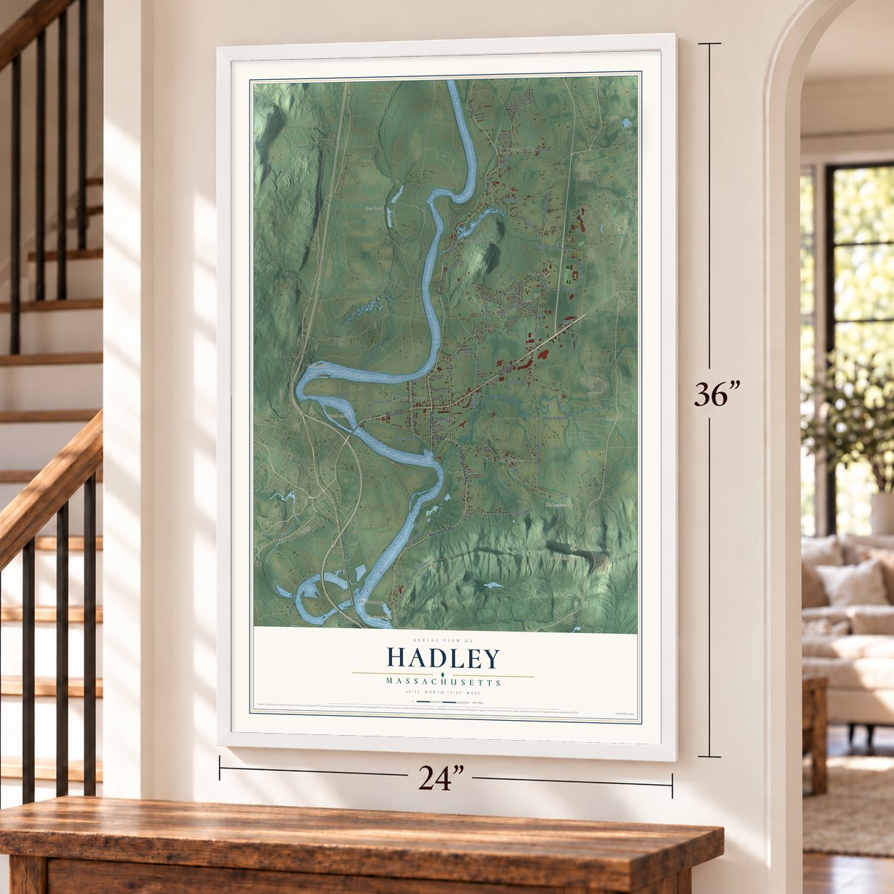 Hadley, Massachusetts map, 24 x 36 inch print in a white frame by a staircase