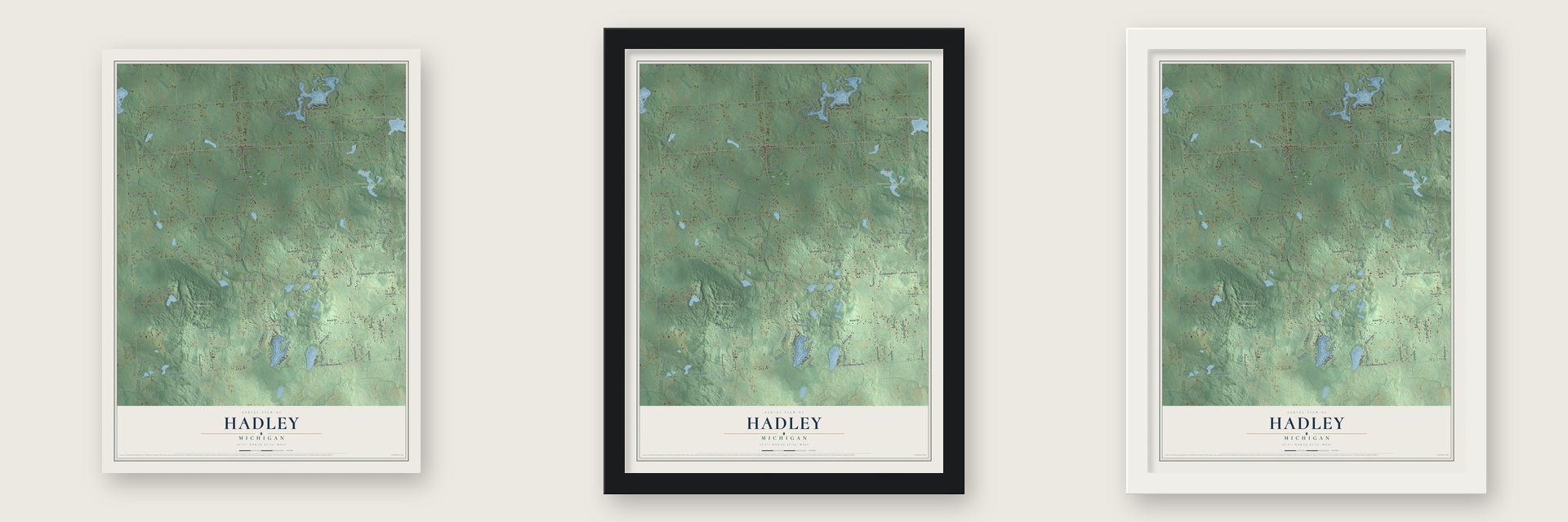 Hadley, Michigan map unframed, in a black wood frame and in a white wood frame