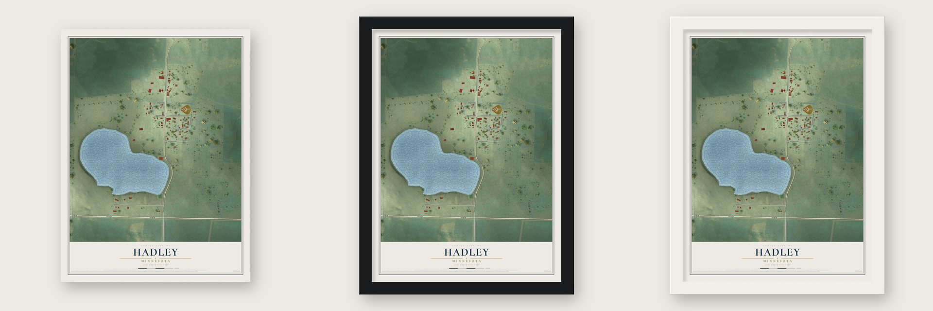Hadley, Minnesota map unframed, in a black wood frame and in a white wood frame