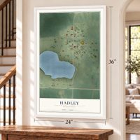 Hadley, Minnesota map, 24 x 36 inch print in a white frame by a staircase