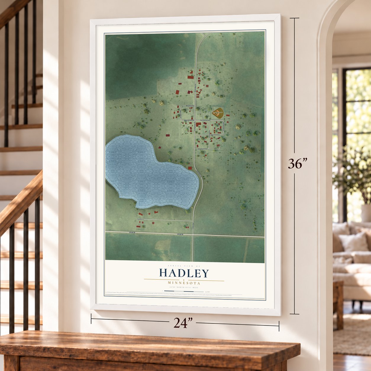 Hadley, Minnesota map, 24 x 36 inch print in a white frame by a staircase