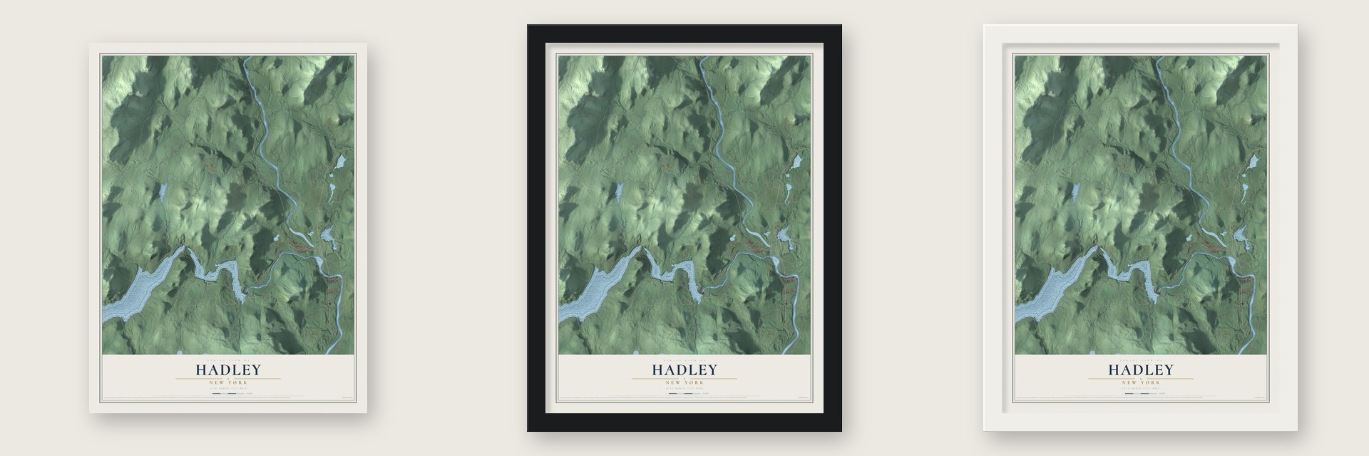 Hadley, New York map unframed, in a black wood frame and in a white wood frame