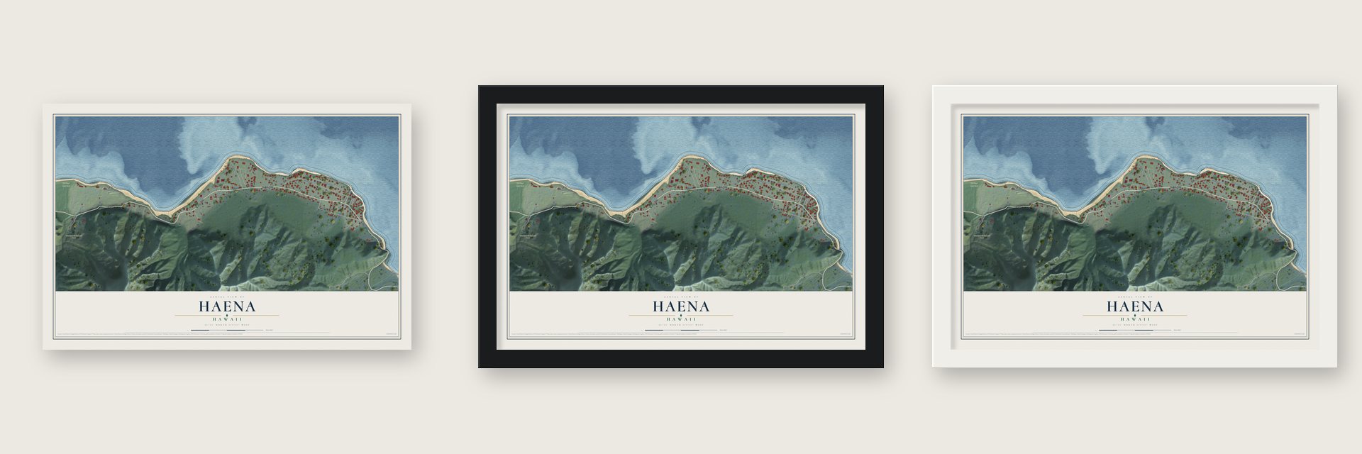 Haena, Hawaii map unframed, in a black wood frame and in a white wood frame
