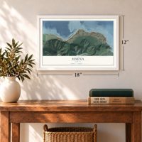 Haena, Hawaii map, 12 x 18 inch print in a white frame in an entryway