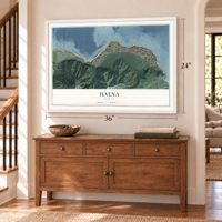 Haena, Hawaii map, 24 x 36 inch print in a white frame above a dresser by a staircase