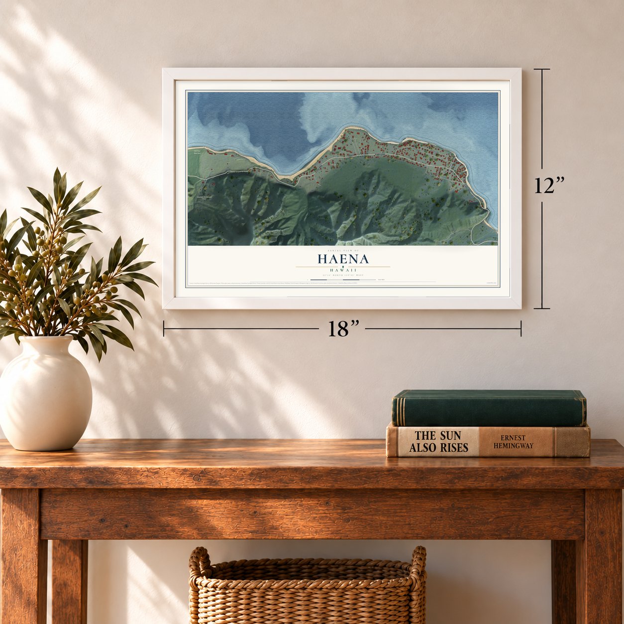 Haena, Hawaii map, 12 x 18 inch print in a white frame in an entryway