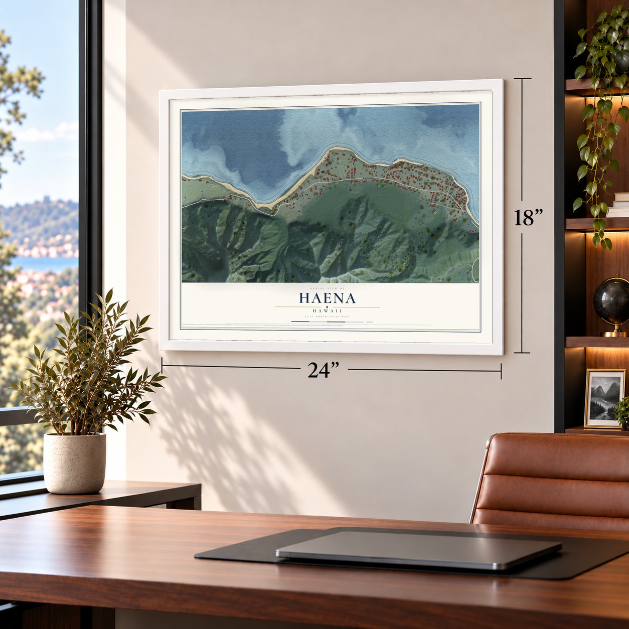 Haena, Hawaii map, 18 x 24 inch print in a white frame in a home office
