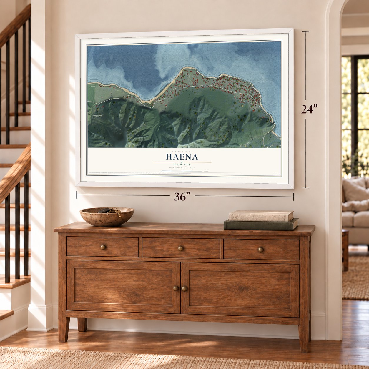 Haena, Hawaii map, 24 x 36 inch print in a white frame above a dresser by a staircase