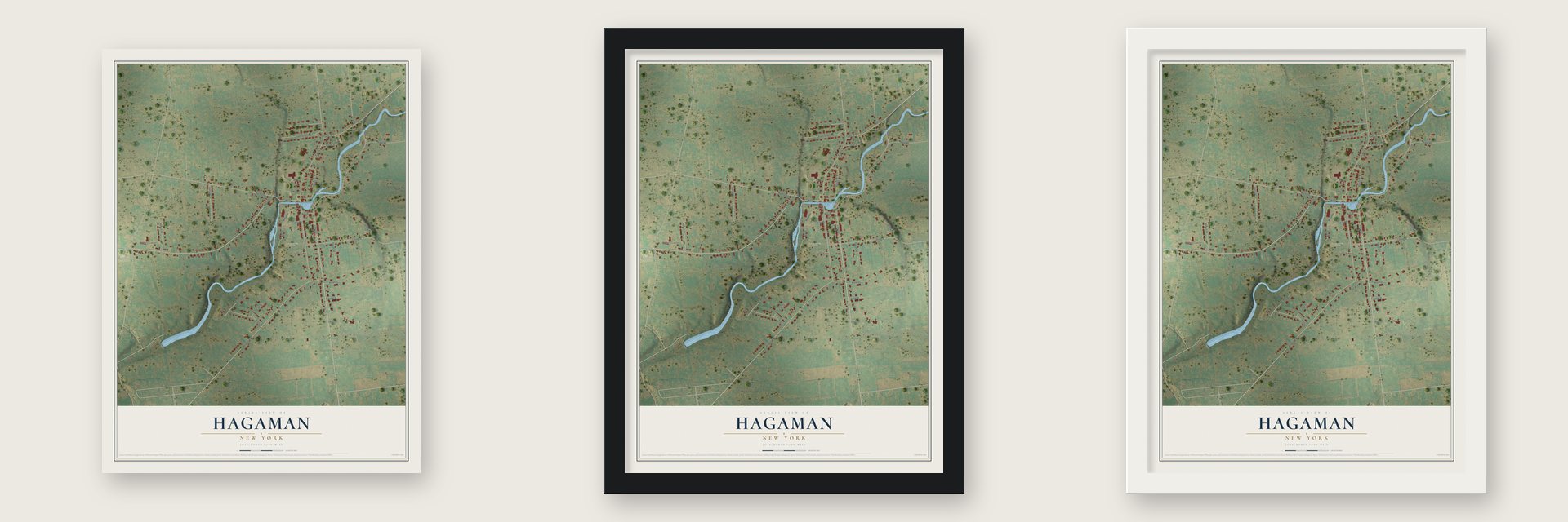 Hagaman, New York map unframed, in a black wood frame and in a white wood frame