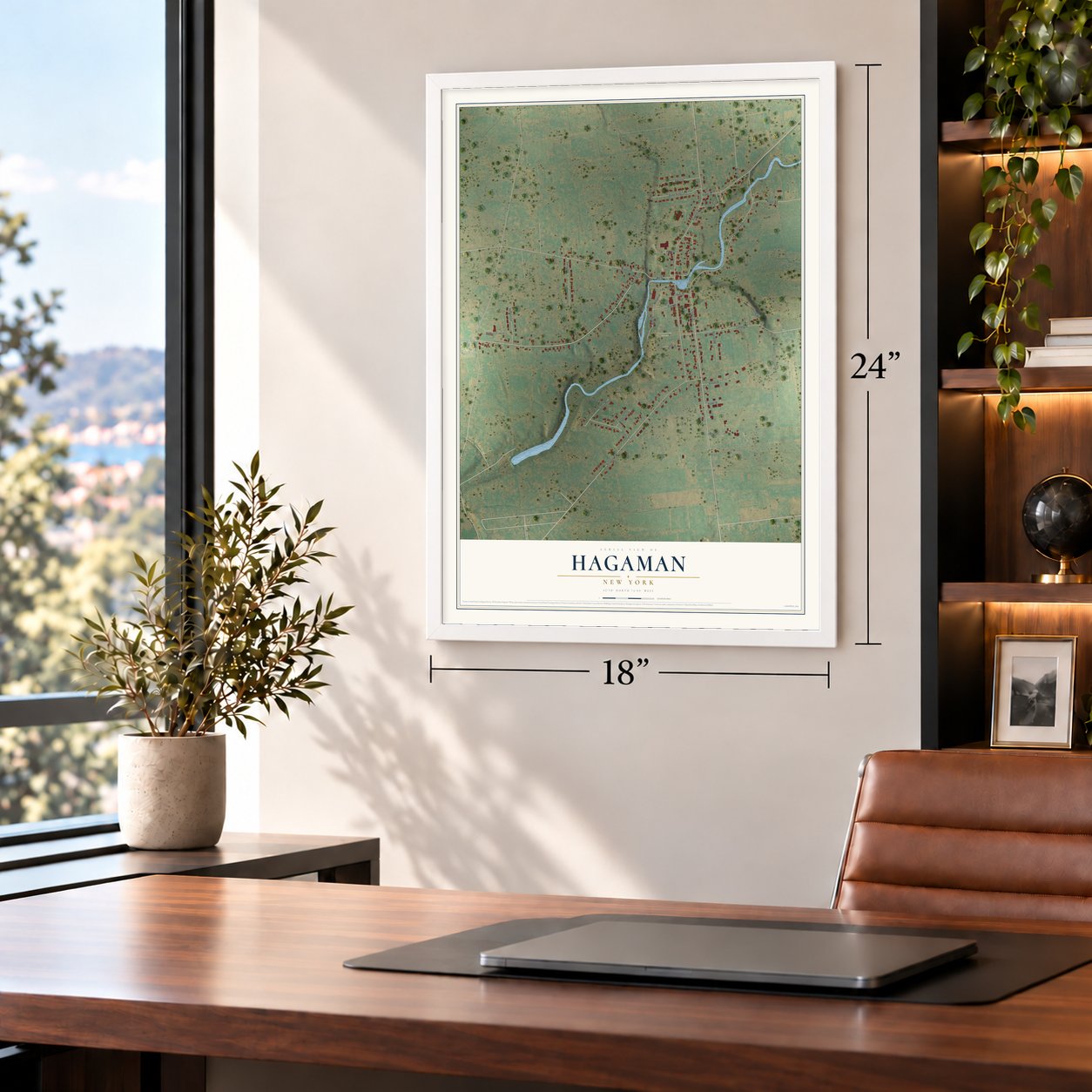 Hagaman, New York map, 18 x 24 inch print in a white frame in a home office