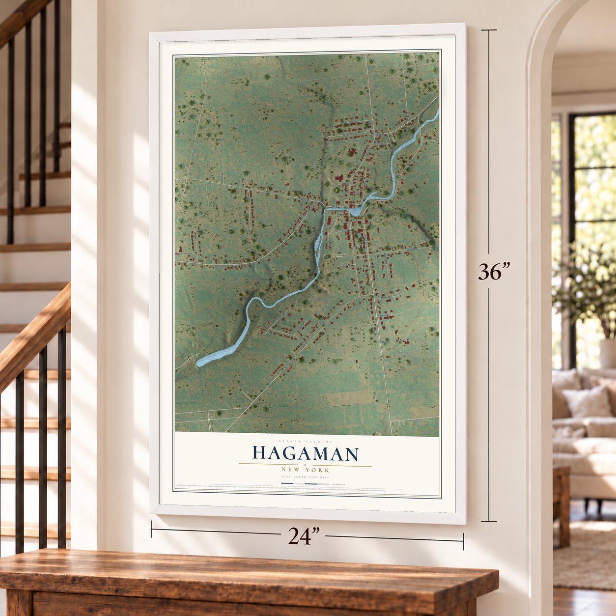 Hagaman, New York map, 24 x 36 inch print in a white frame by a staircase