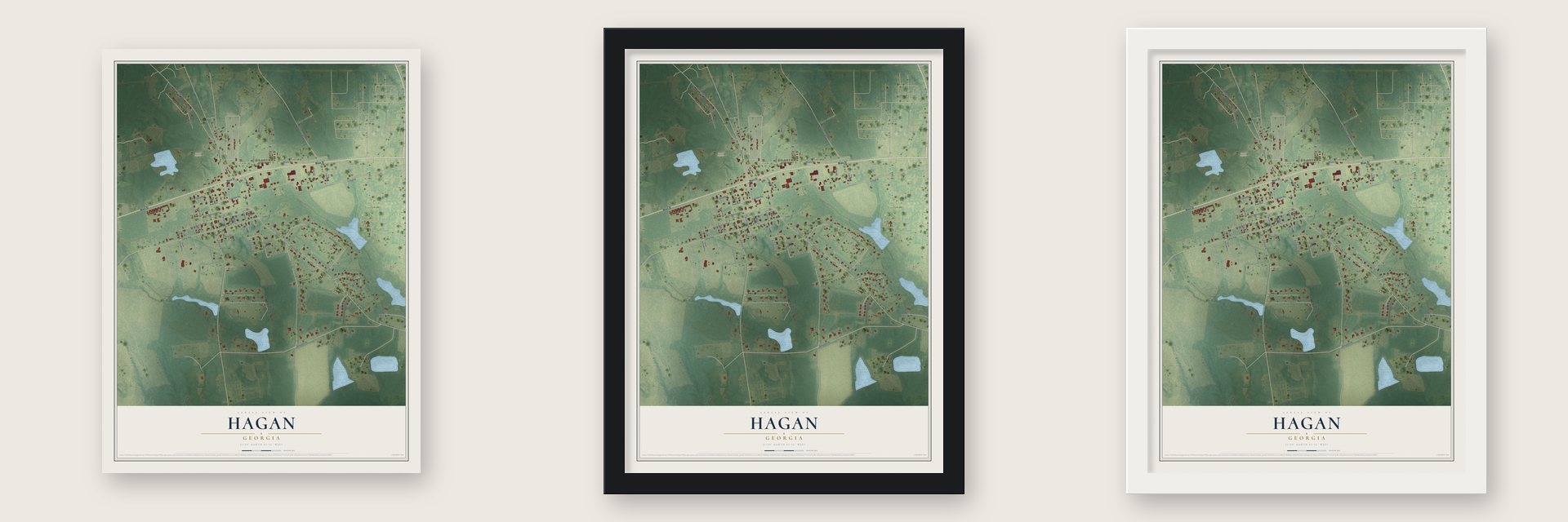 Hagan, Georgia map unframed, in a black wood frame and in a white wood frame