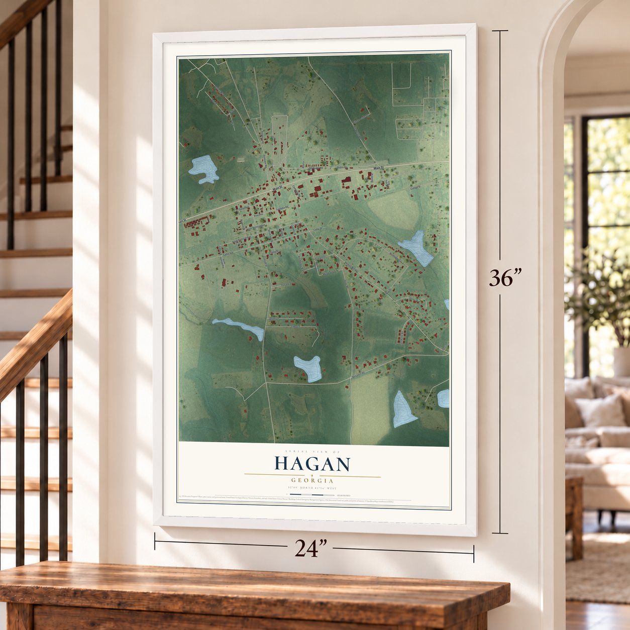 Hagan, Georgia map, 24 x 36 inch print in a white frame by a staircase