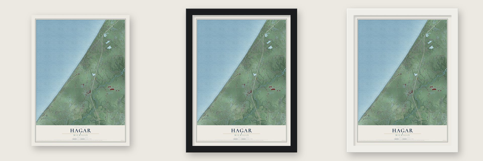 Hagar, Michigan map unframed, in a black wood frame and in a white wood frame