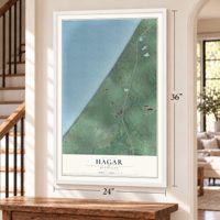 Hagar, Michigan map, 24 x 36 inch print in a white frame by a staircase
