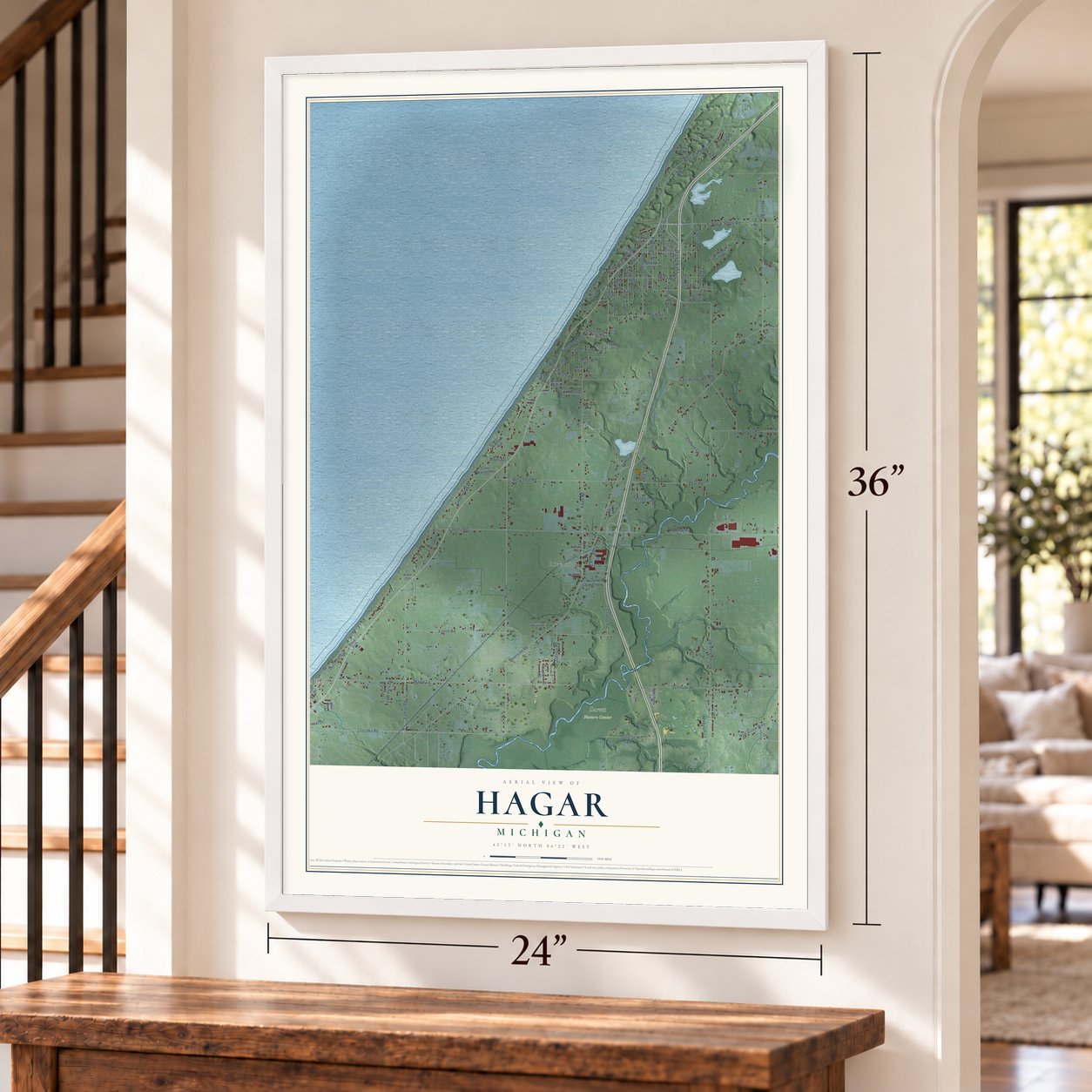 Hagar, Michigan map, 24 x 36 inch print in a white frame by a staircase