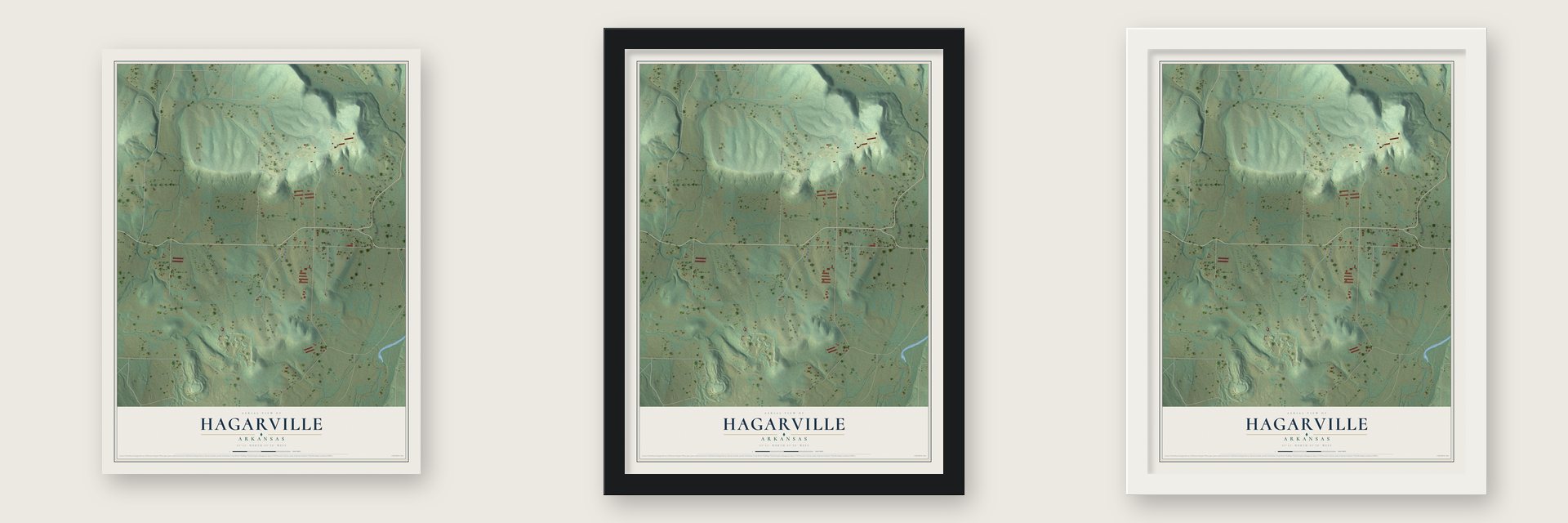 Hagarville, Arkansas map unframed, in a black wood frame and in a white wood frame