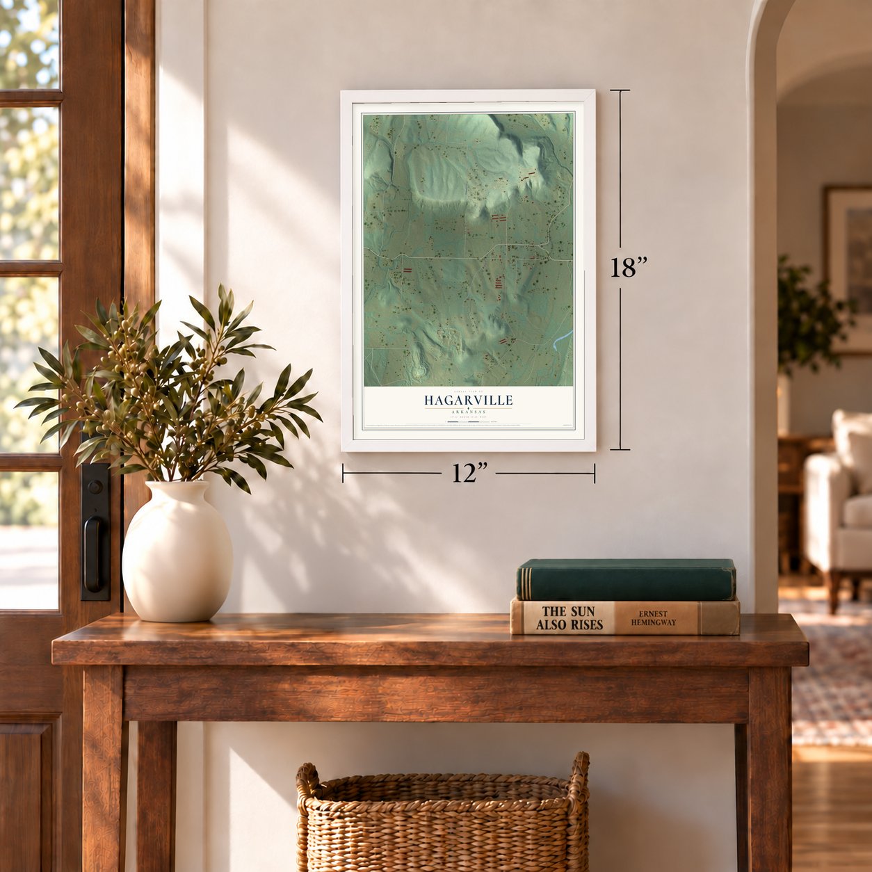 Hagarville, Arkansas map, 12 x 18 inch print in a white frame in an entryway