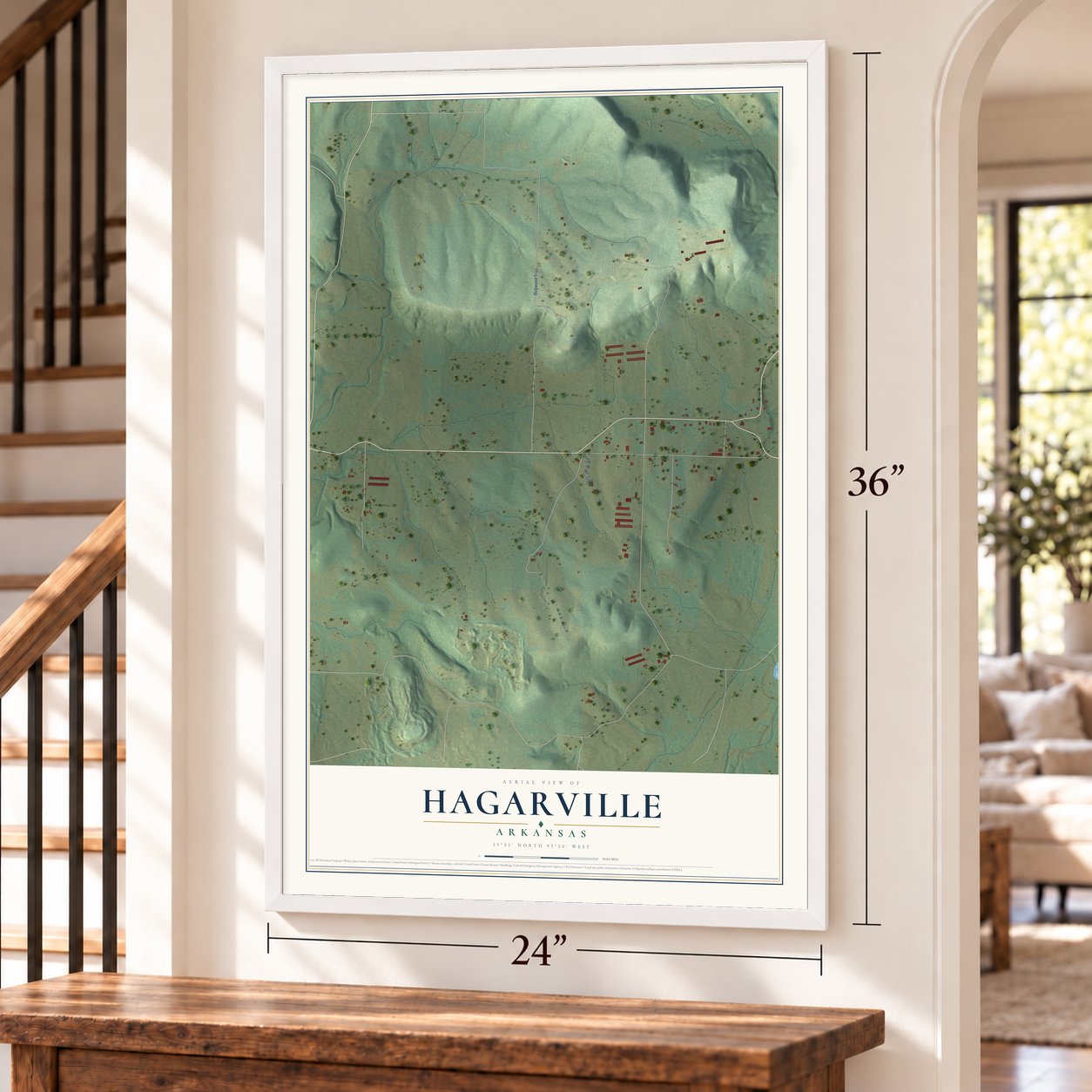 Hagarville, Arkansas map, 24 x 36 inch print in a white frame by a staircase