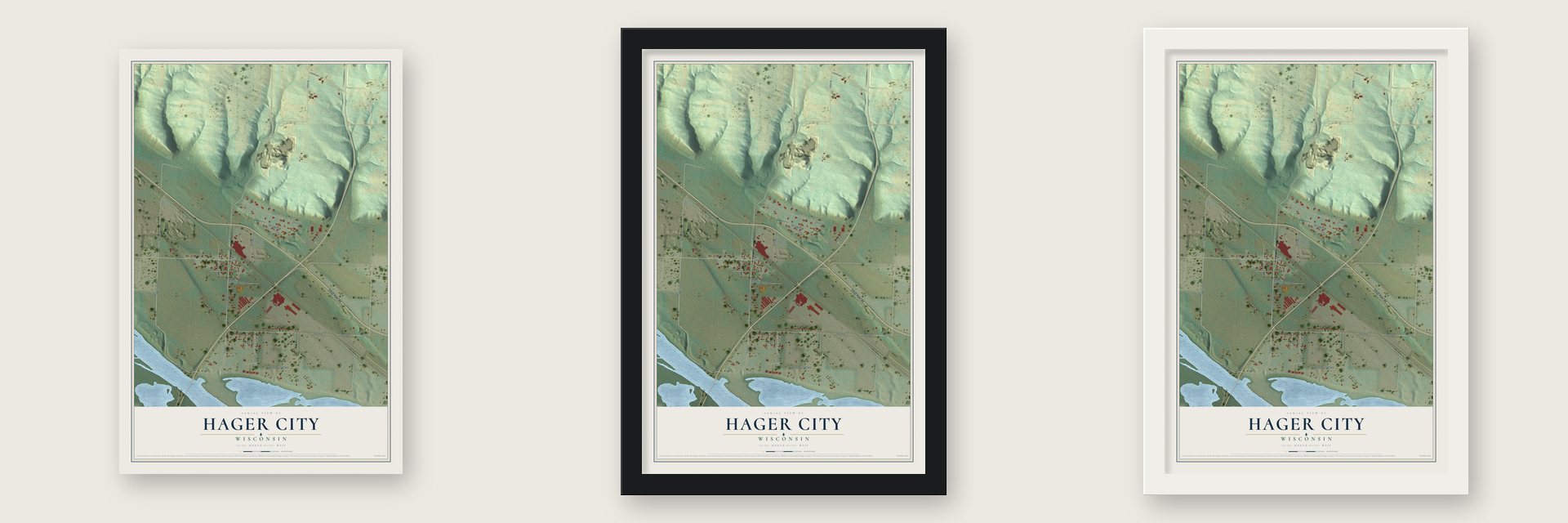 Hager City, Wisconsin map unframed, in a black wood frame and in a white wood frame