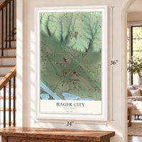 Hager City, Wisconsin map, 24 x 36 inch print in a white frame by a staircase