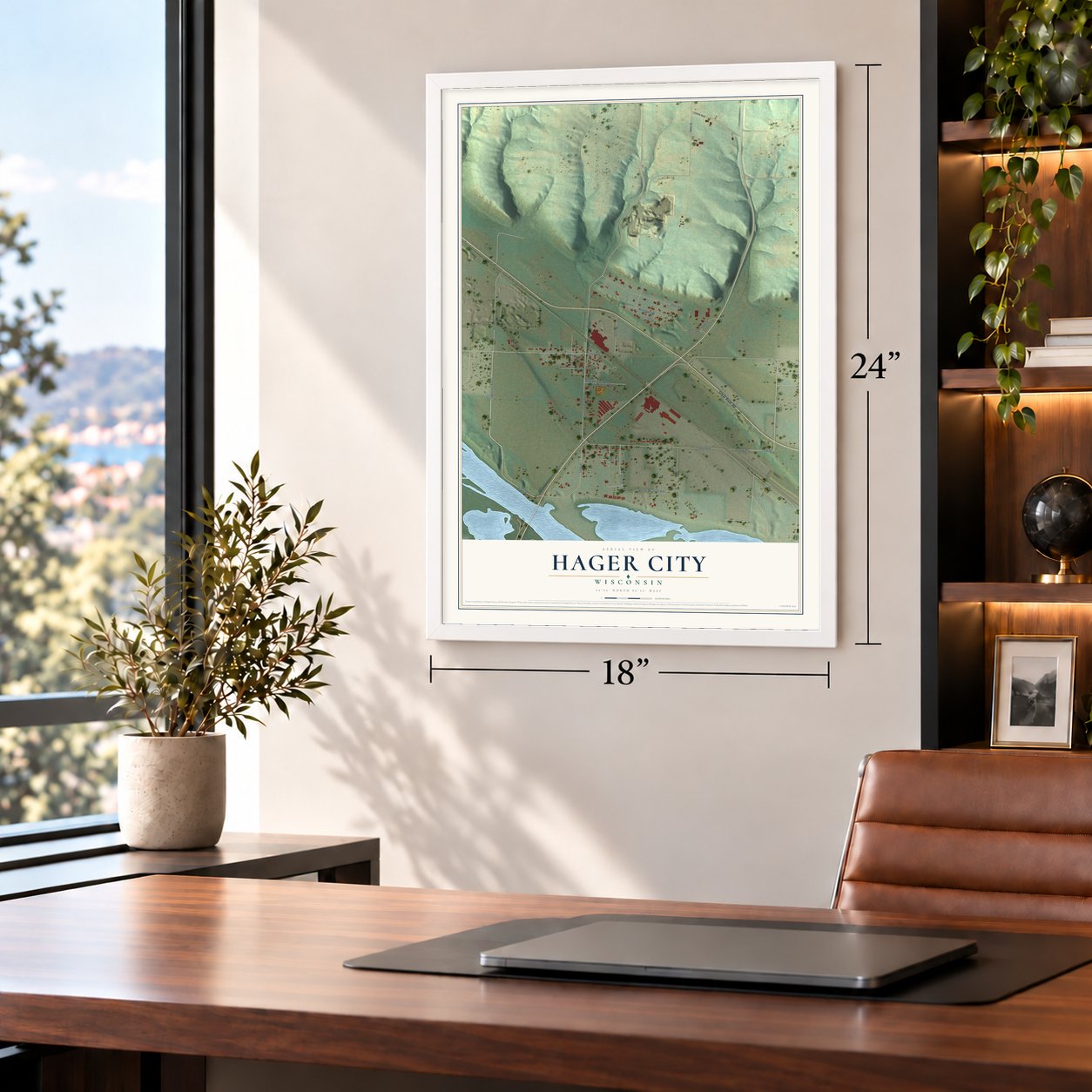 Hager City, Wisconsin map, 18 x 24 inch print in a white frame in a home office