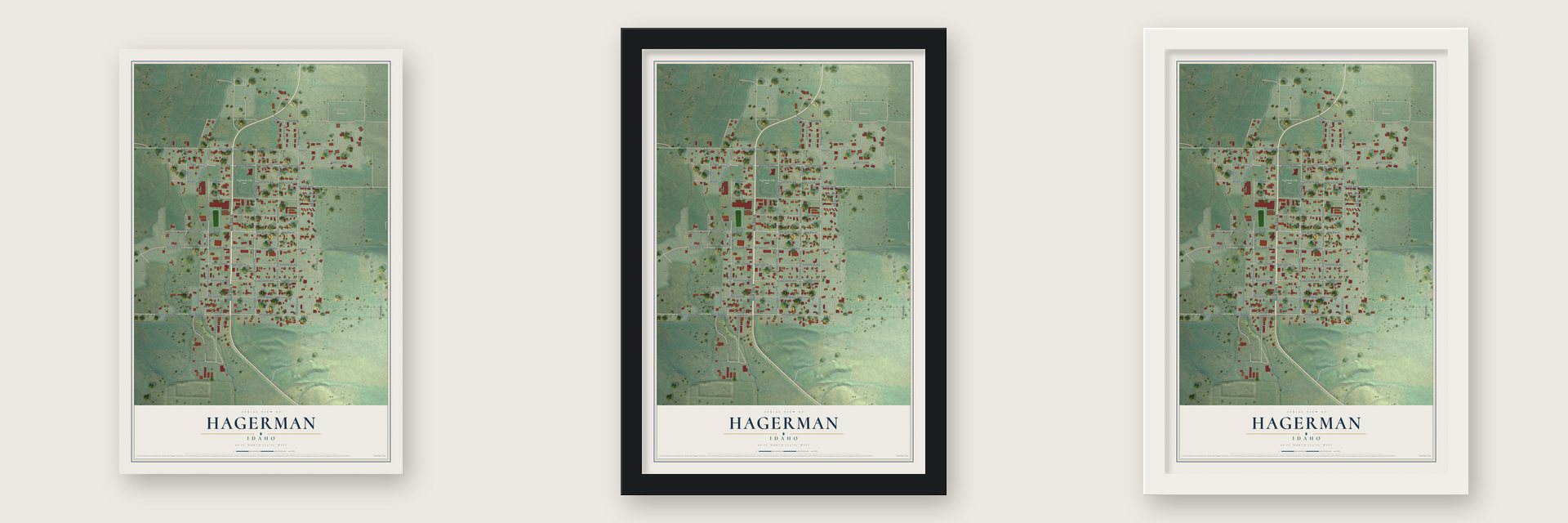 Hagerman, Idaho map unframed, in a black wood frame and in a white wood frame