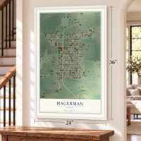 Hagerman, Idaho map, 24 x 36 inch print in a white frame by a staircase