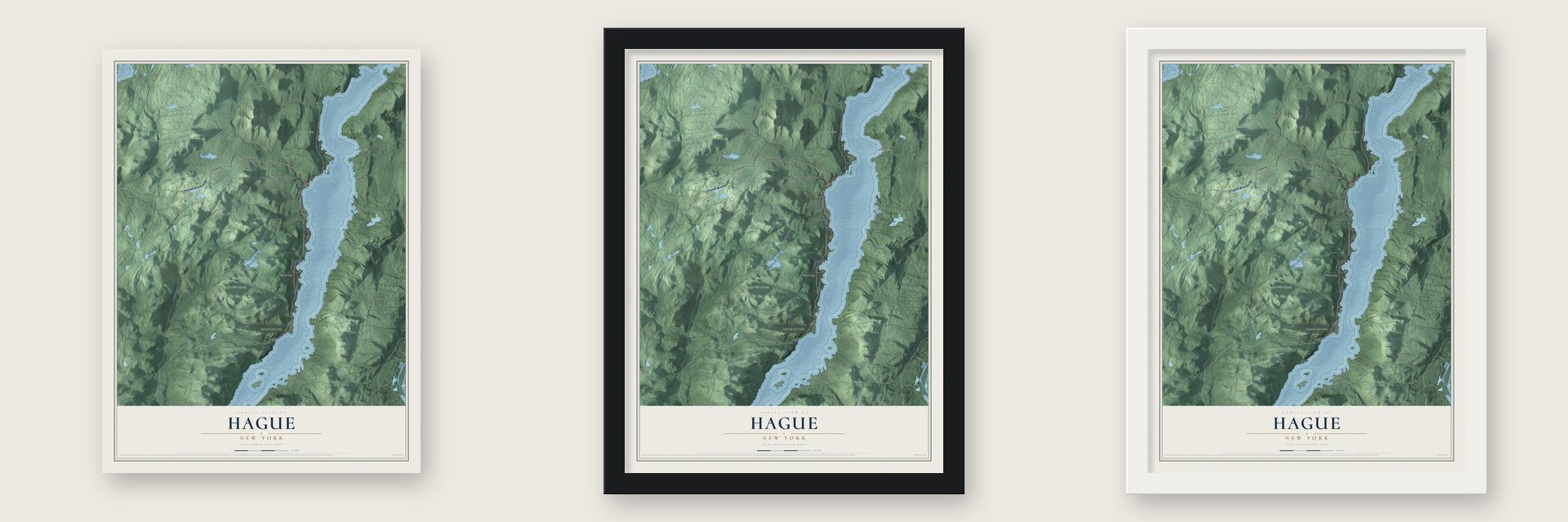 Hague, New York map unframed, in a black wood frame and in a white wood frame
