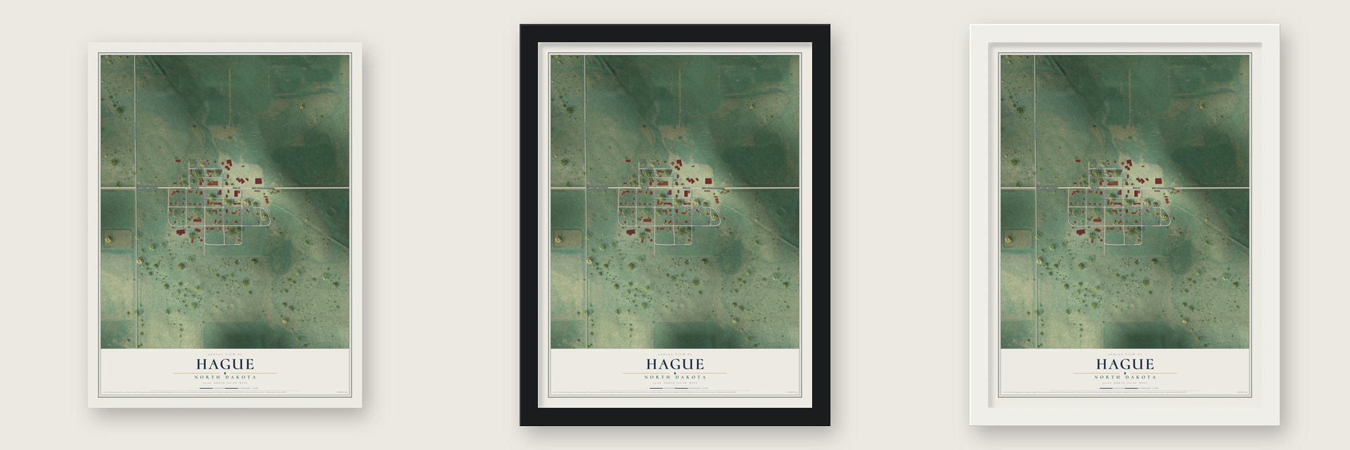 Hague, North Dakota map unframed, in a black wood frame and in a white wood frame