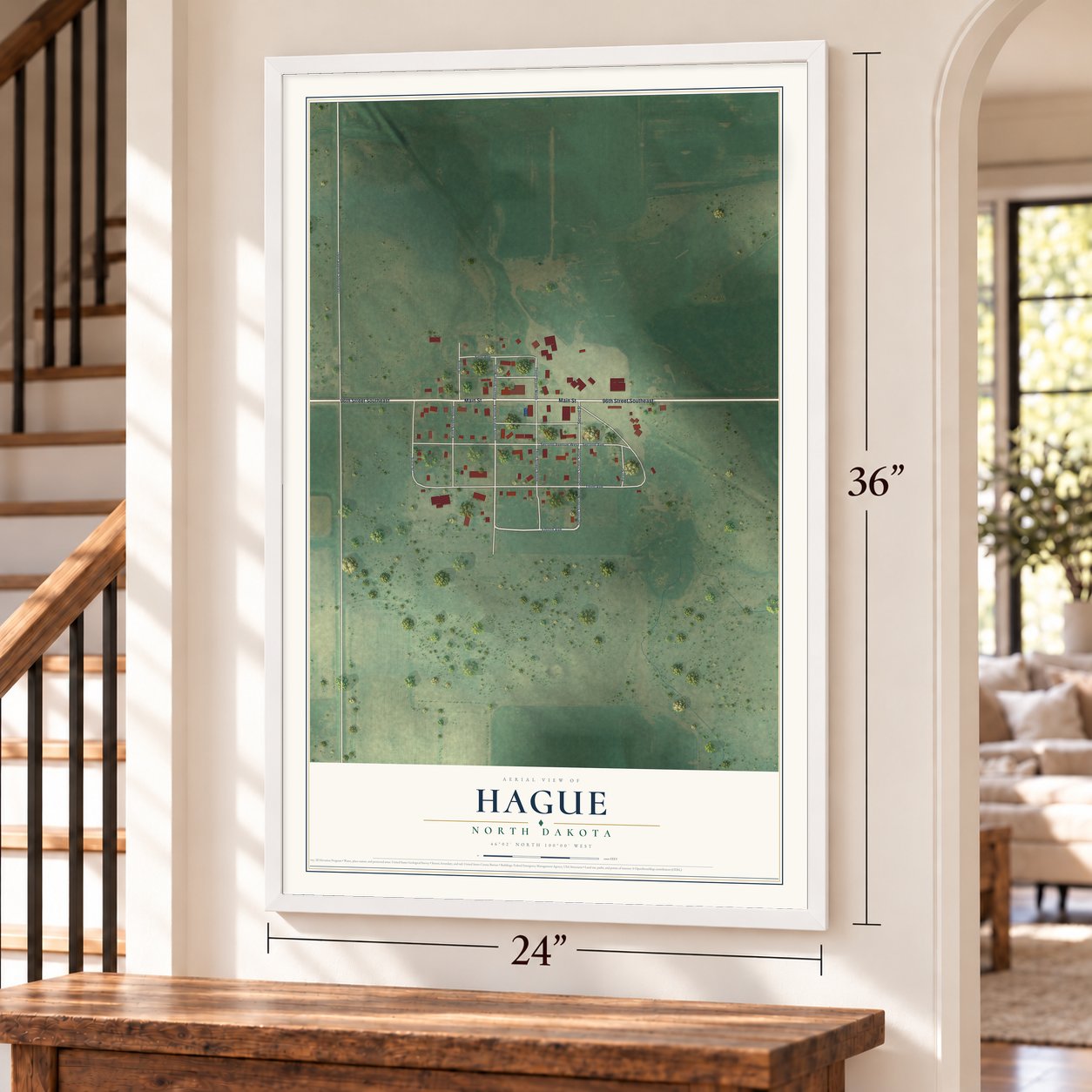 Hague, North Dakota map, 24 x 36 inch print in a white frame by a staircase