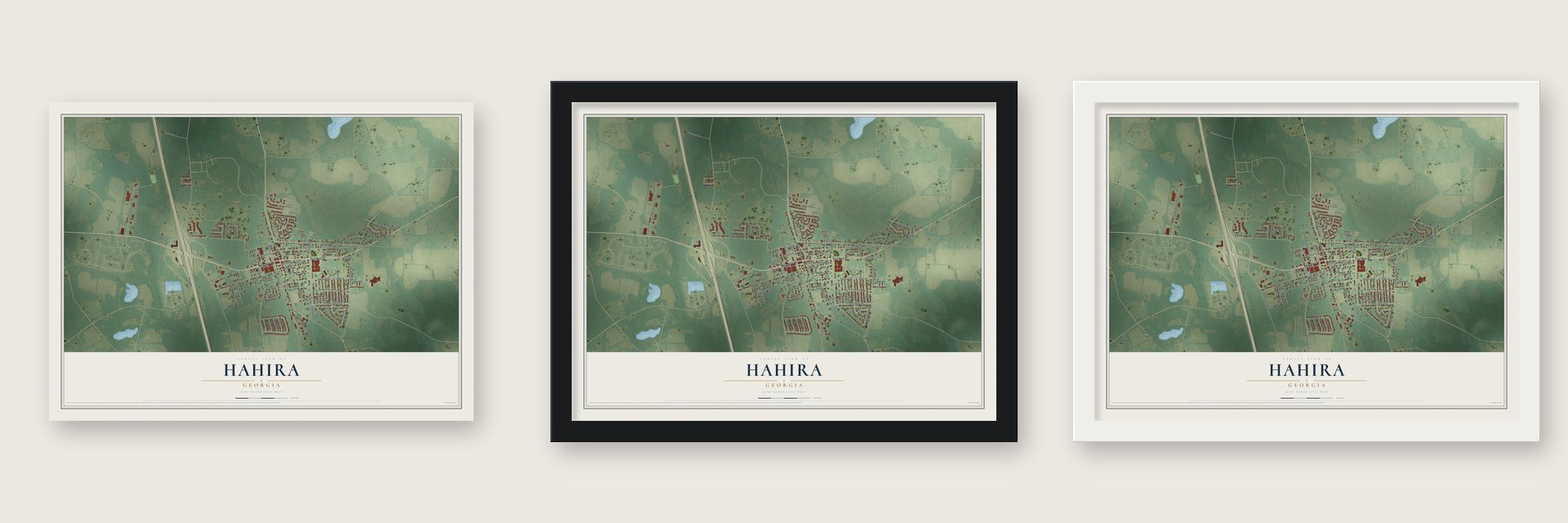 Hahira, Georgia map unframed, in a black wood frame and in a white wood frame