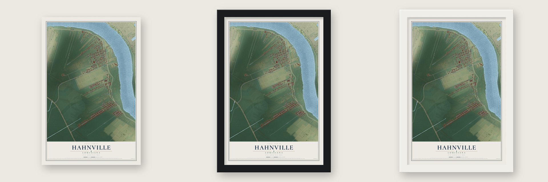 Hahnville, Louisiana map unframed, in a black wood frame and in a white wood frame
