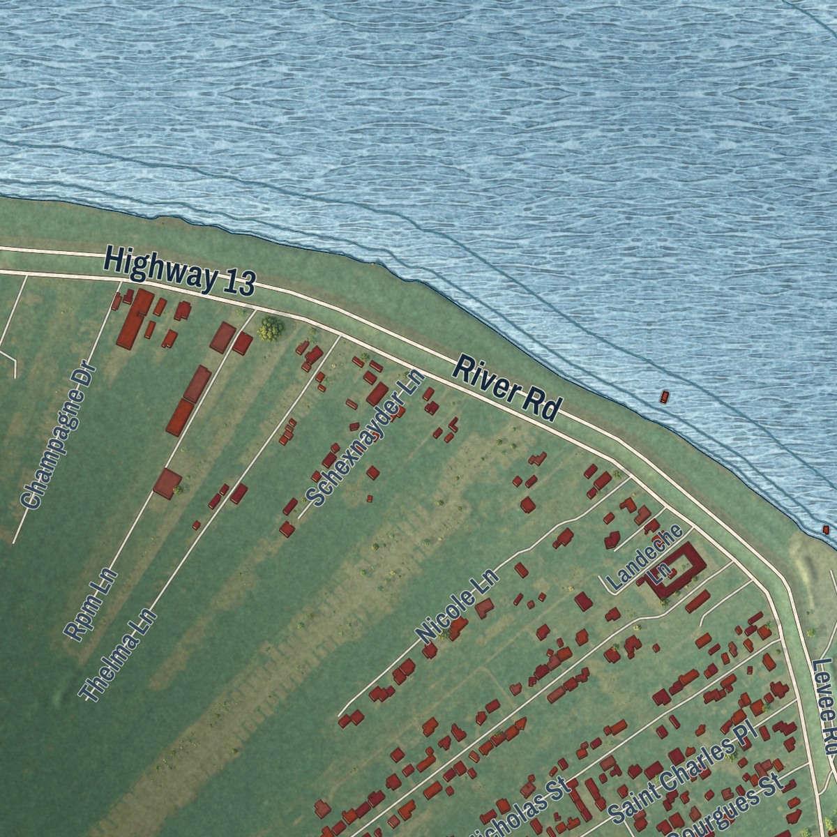 Second close-up of the map of Hahnville, Louisiana print showing more streets and buildings