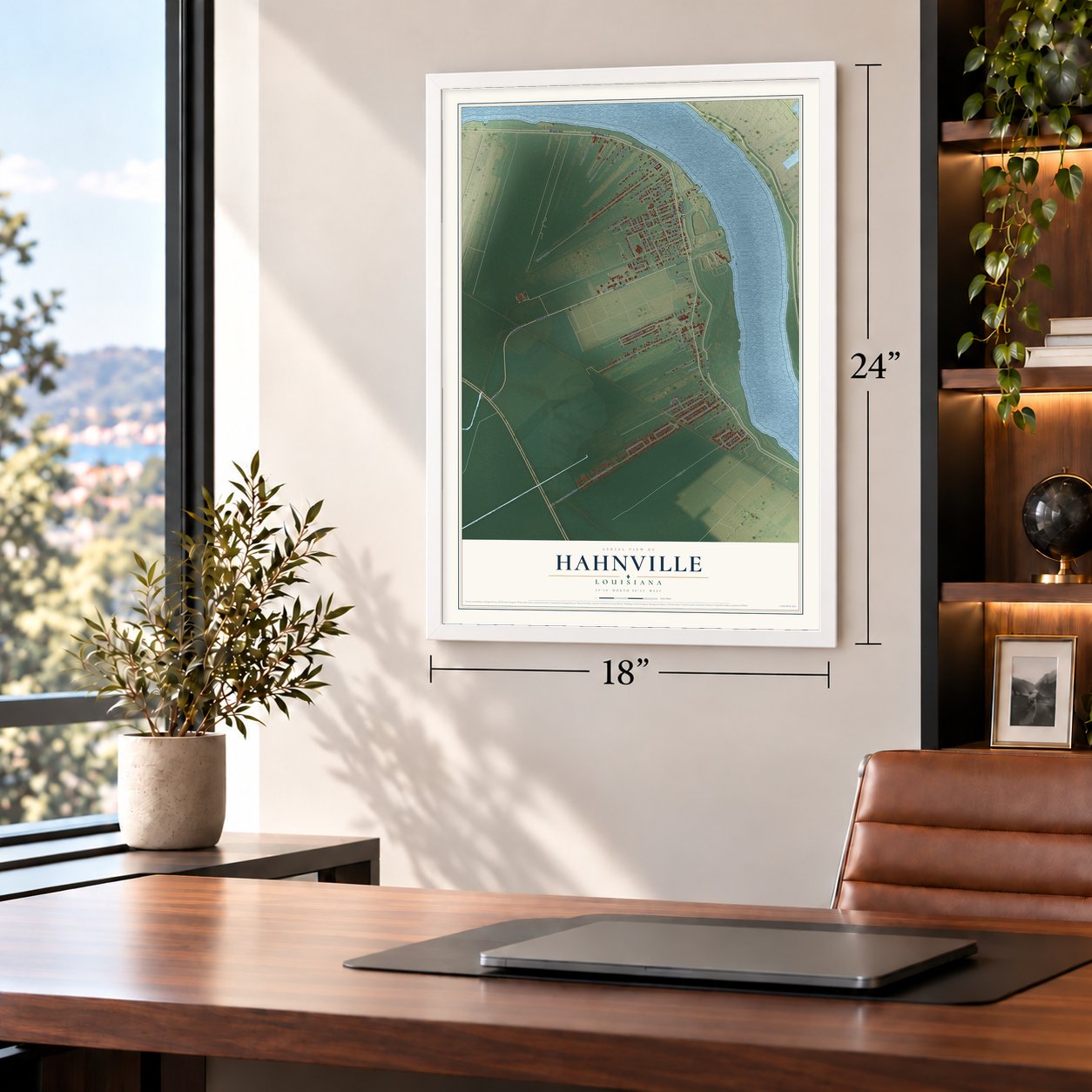 Hahnville, Louisiana map, 18 x 24 inch print in a white frame in a home office
