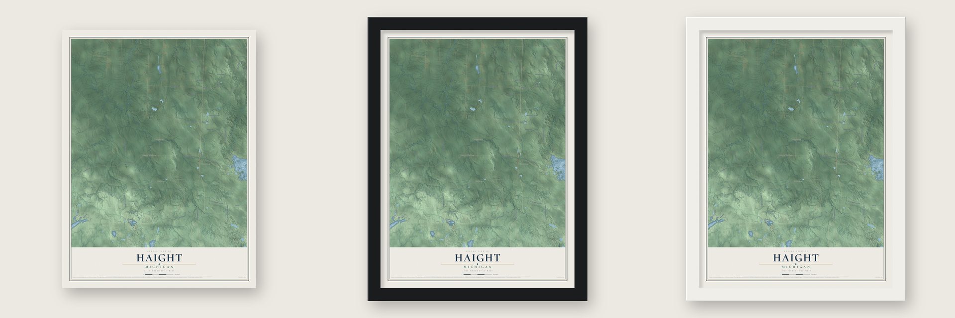 Haight, Michigan map unframed, in a black wood frame and in a white wood frame