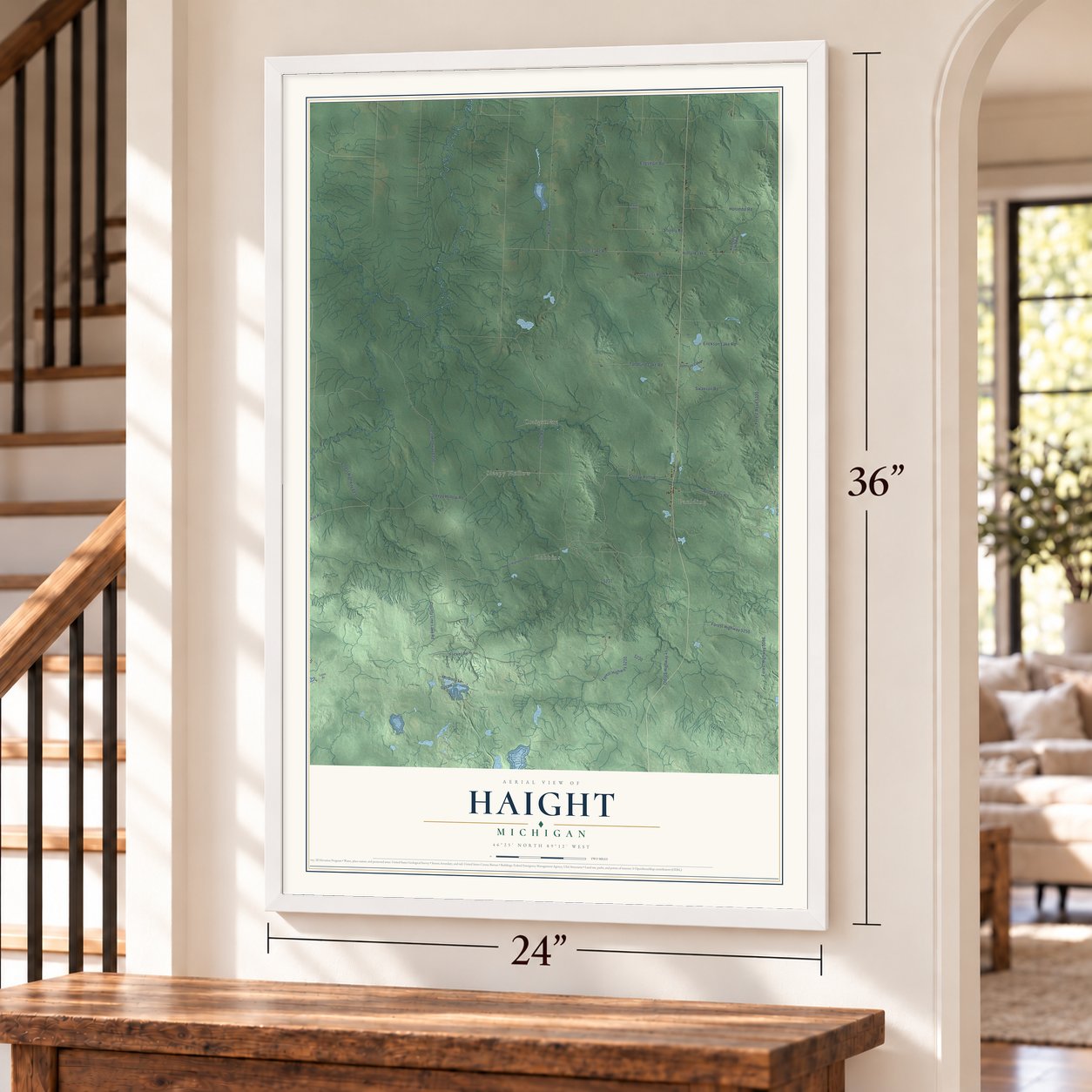 Haight, Michigan map, 24 x 36 inch print in a white frame by a staircase