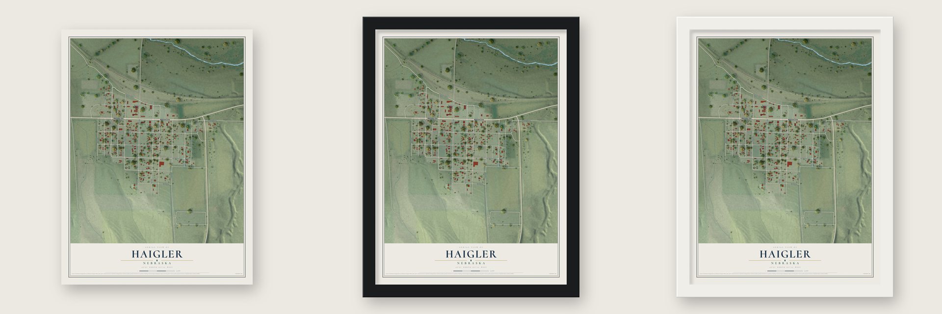Haigler, Nebraska map unframed, in a black wood frame and in a white wood frame